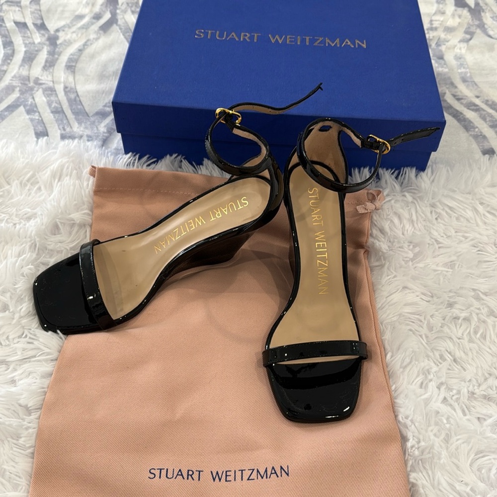 WORN ONCE STUART WEITZMAN BLACK ANKLE STRAP WEDGE SANDALS